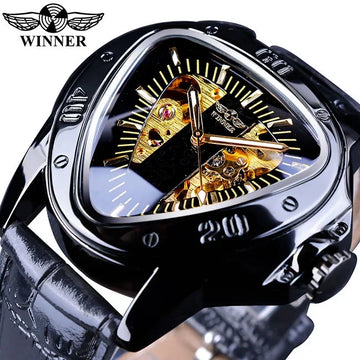 Top Brand Luxury Steampunk Fashion Triangle Golden Skeleton Movement Mysterious Automatic Mechanical Wrist Watches